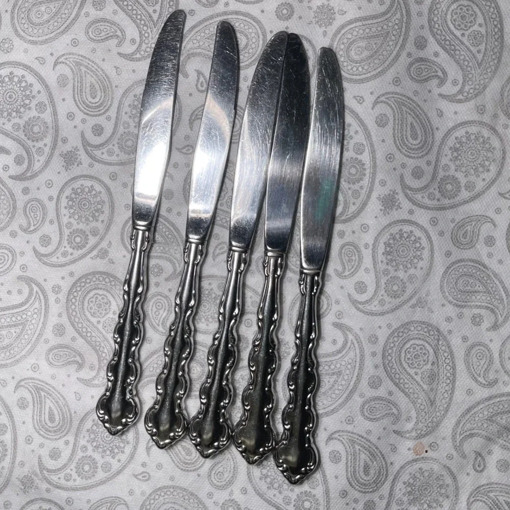 Vintage Style Stainless Steel Dinner Knives Set of 5 Ornate Handle